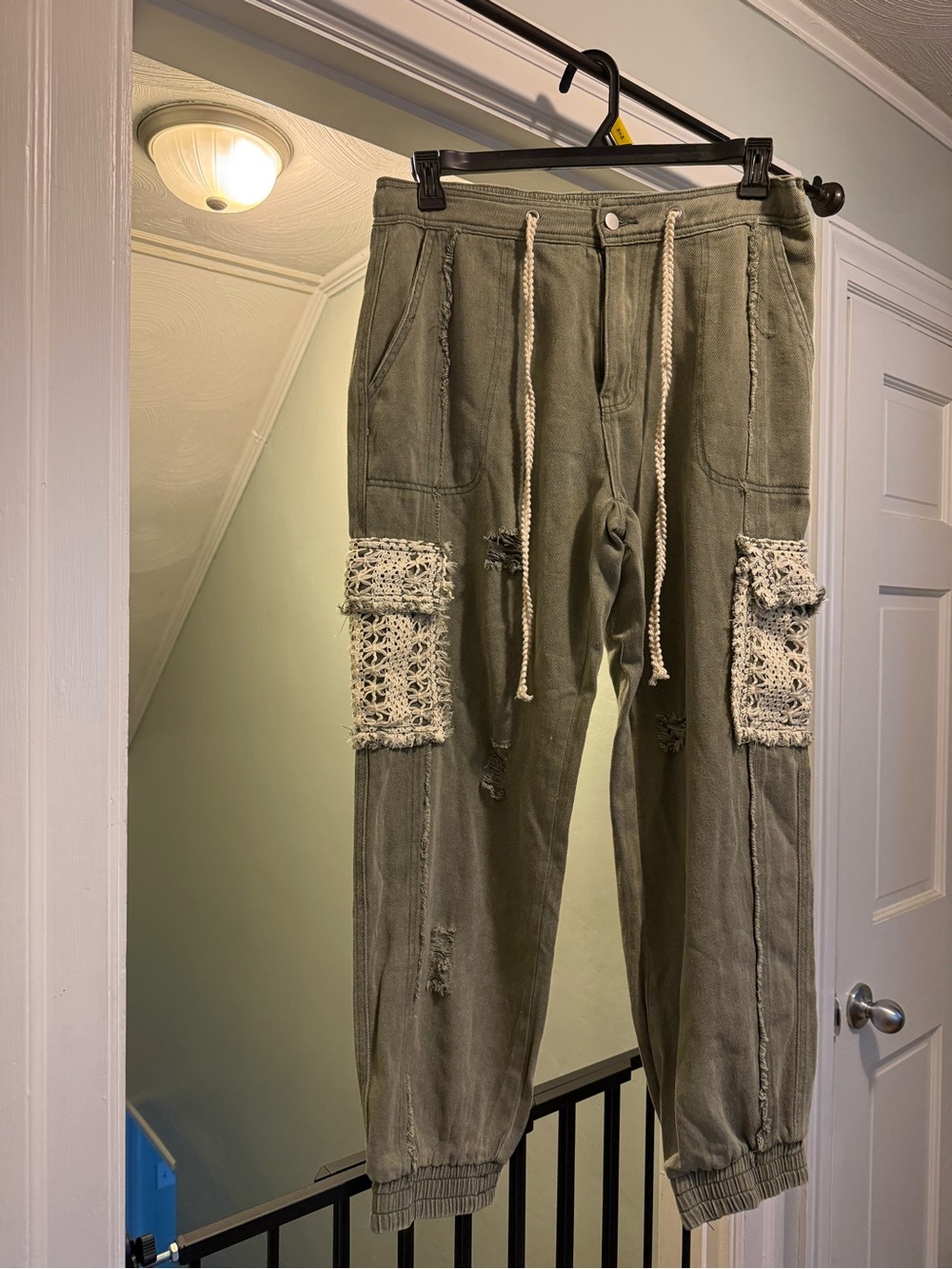 Women’s Olive Green Cargo Jogger Pants with Crochet Patches